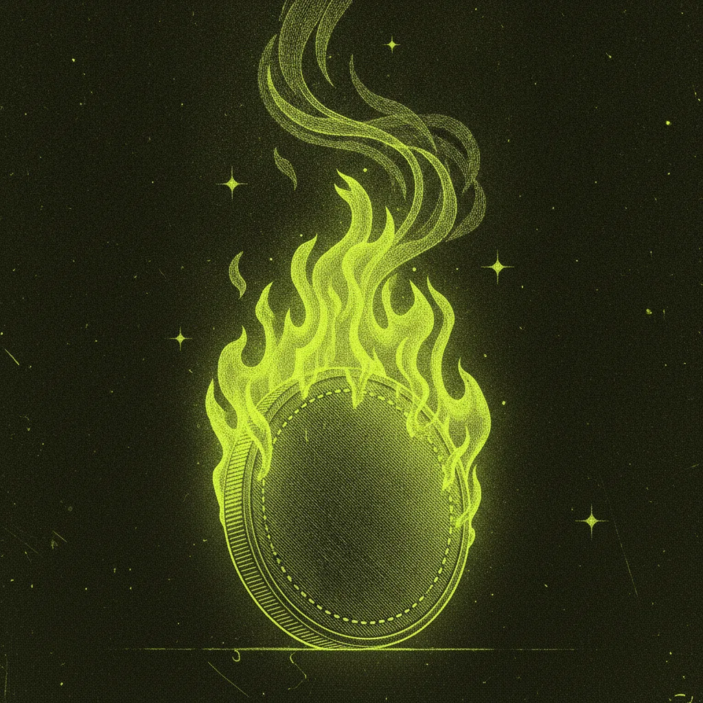 A blank coin burning in neon flames