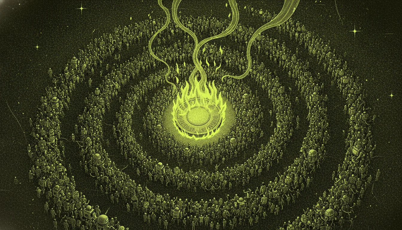 A crowd of people and robots spiralling around a burning coin