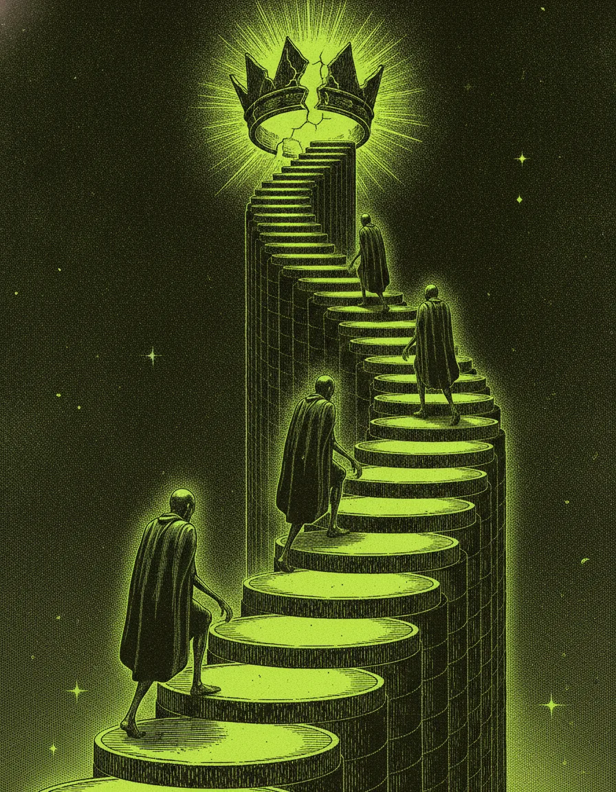 Figures climbing a staircase of coins toward a cracked crown